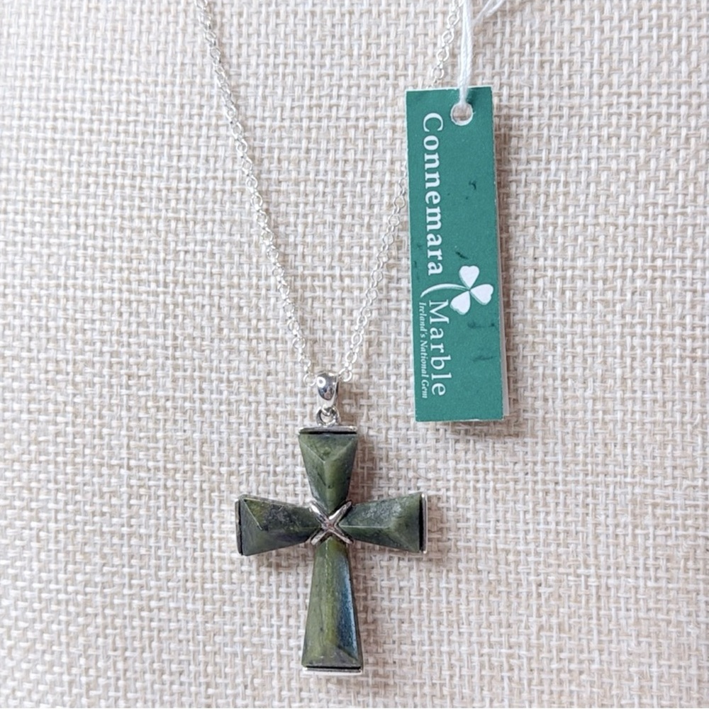 Vintage Irish Connemara Marble Sterling Silver Cross Necklace